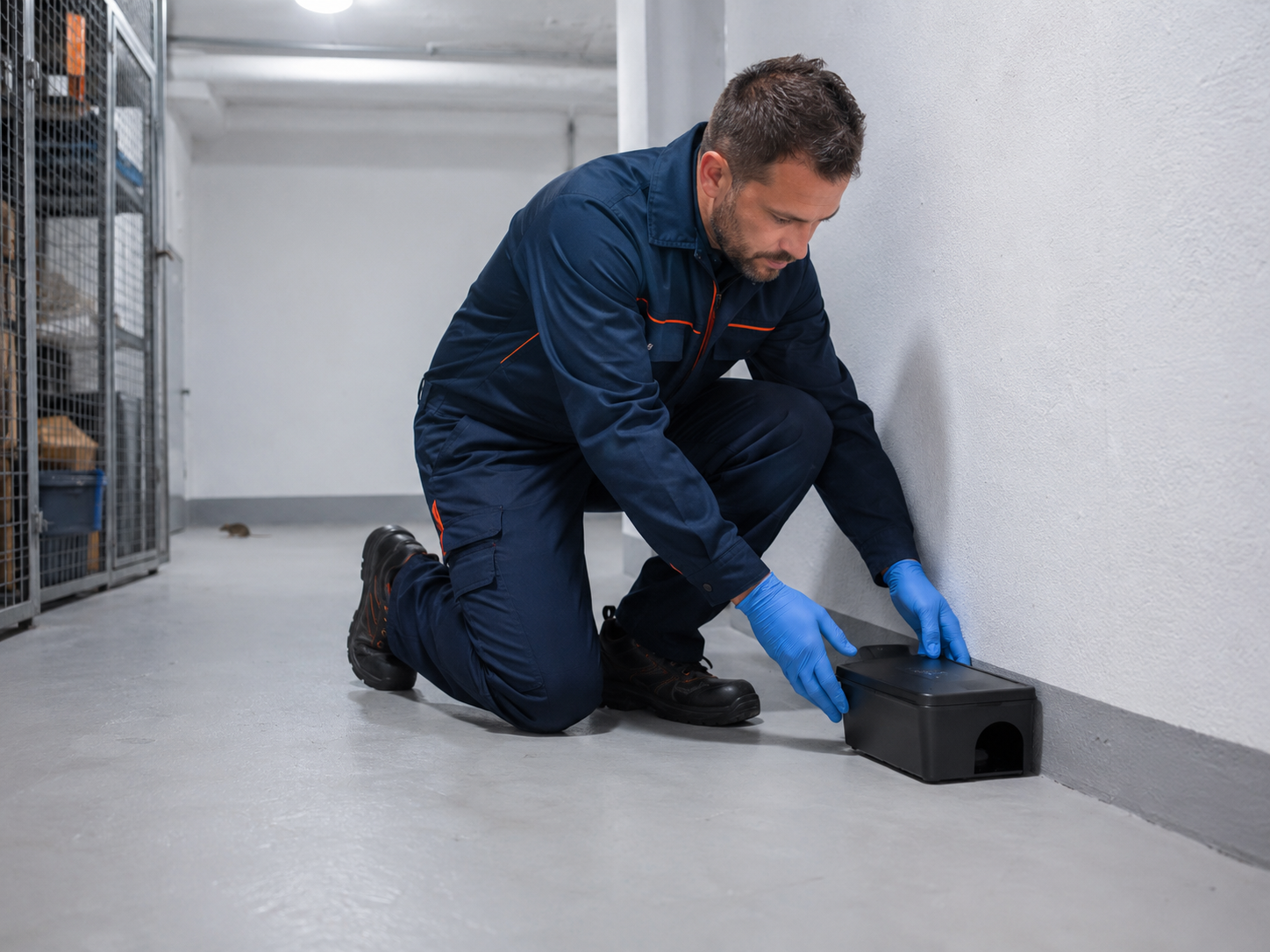 Technicien installant un poste de dératisation sécurisé